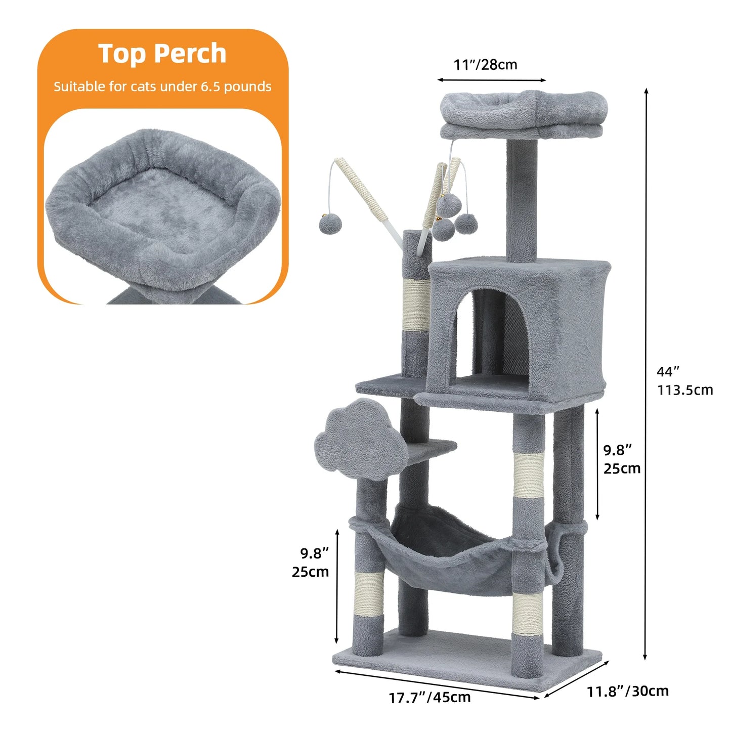 44" Cat Tree Condo with Scratching Posts & Hammock, Indoor Pet Play Center, Light Gray