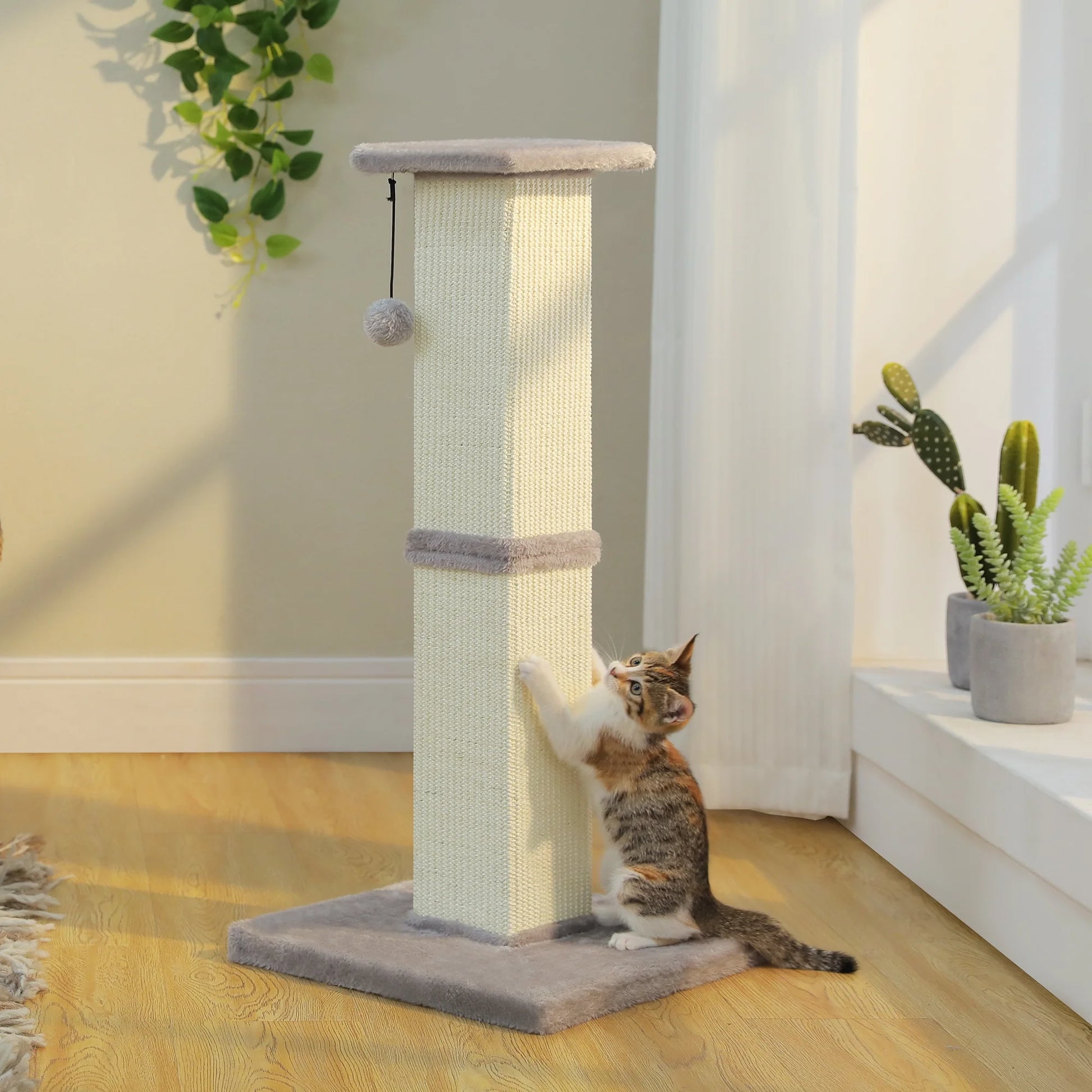 32" Tall Sisal Cat Scratching Post for Indoor Cats - Durable Cat Scratcher with Wide Base, Gray