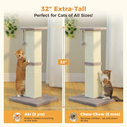 32" Tall Sisal Cat Scratching Post for Indoor Cats - Durable Cat Scratcher with Wide Base, Gray