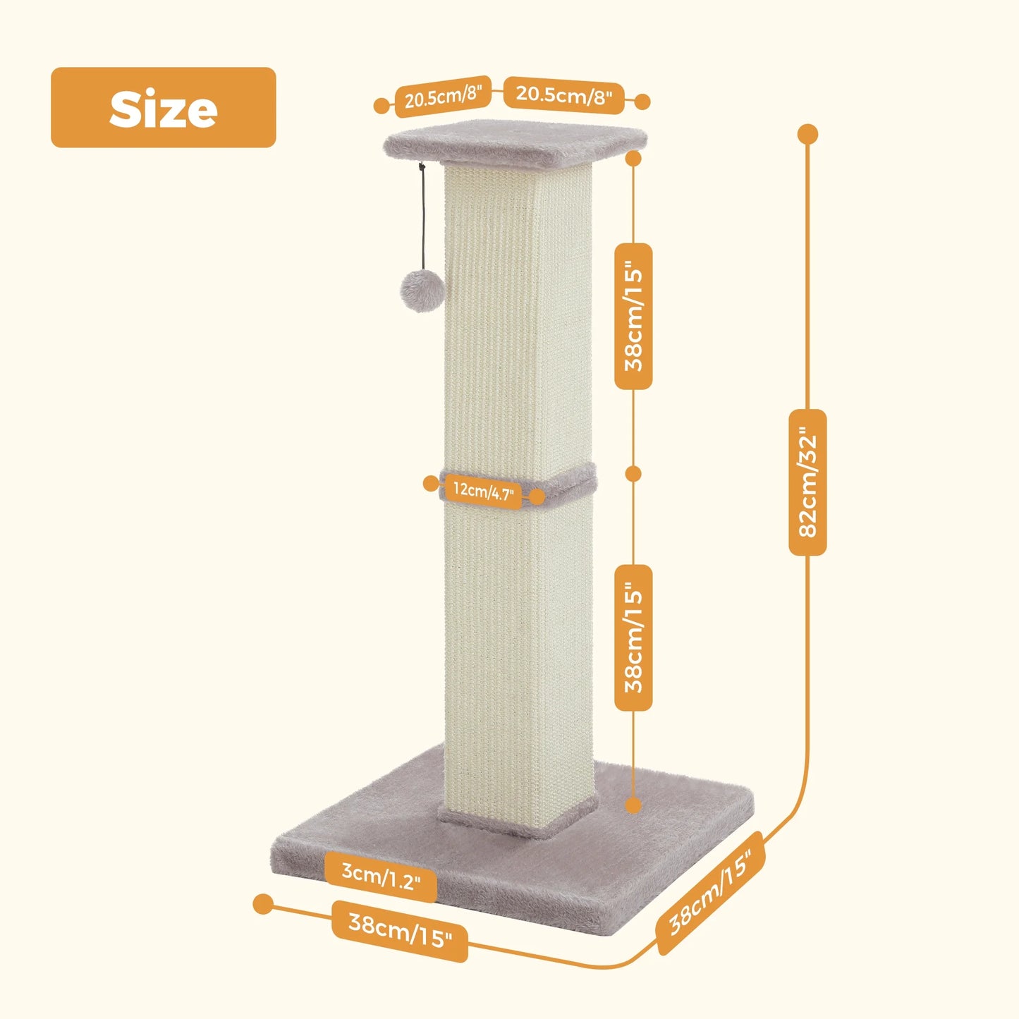 32" Tall Sisal Cat Scratching Post for Indoor Cats - Durable Cat Scratcher with Wide Base, Gray