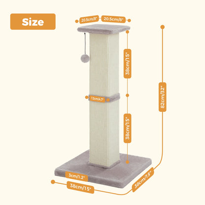32" Tall Sisal Cat Scratching Post for Indoor Cats - Durable Cat Scratcher with Wide Base, Gray