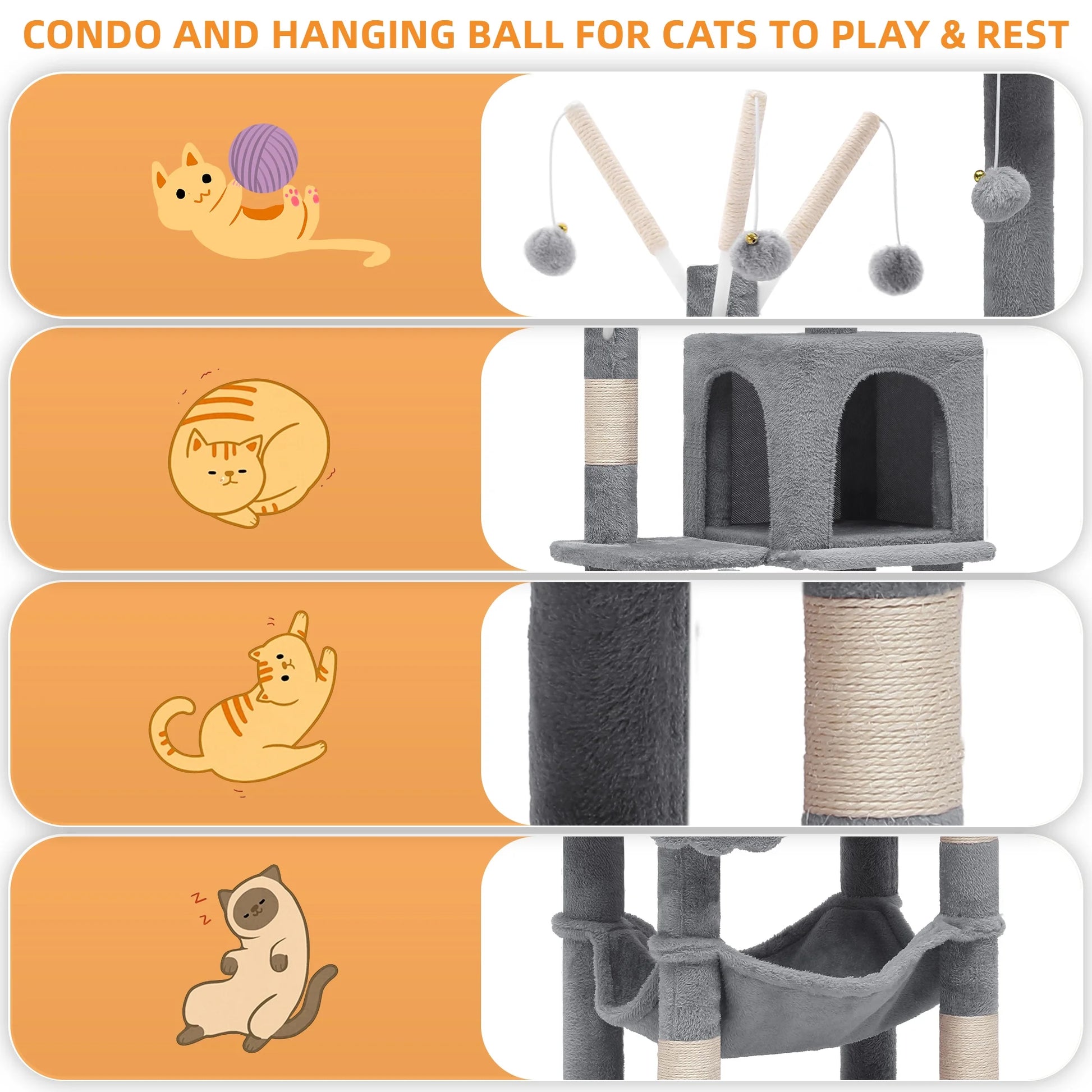 44" Cat Tree Condo with Scratching Posts & Hammock, Indoor Pet Play Center, Light Gray