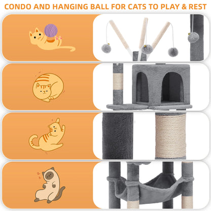 44" Cat Tree Condo with Scratching Posts & Hammock, Indoor Pet Play Center, Light Gray