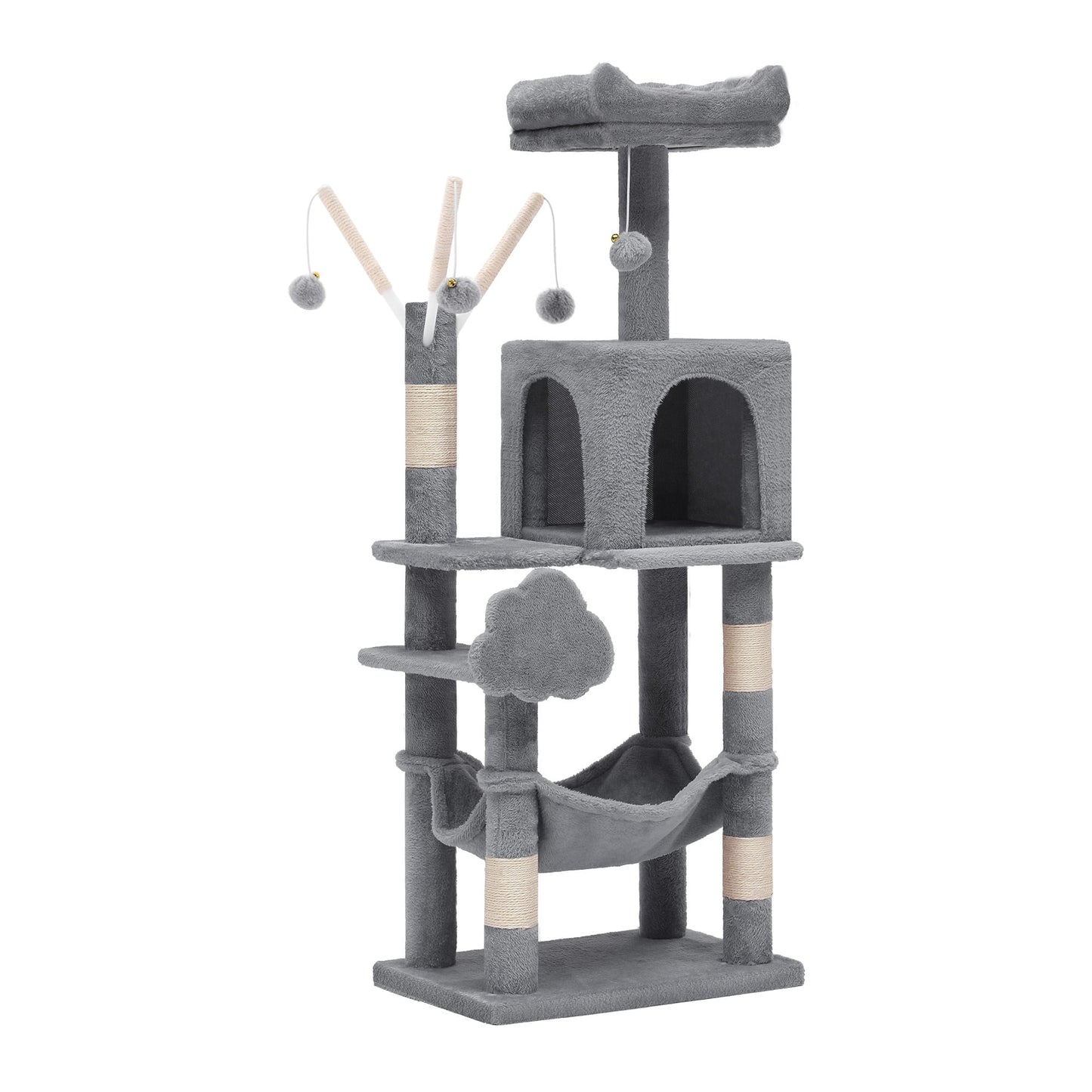 44" Cat Tree Condo with Scratching Posts & Hammock, Indoor Pet Play Center, Light Gray