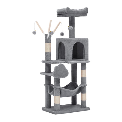 44" Cat Tree Condo with Scratching Posts & Hammock, Indoor Pet Play Center, Light Gray