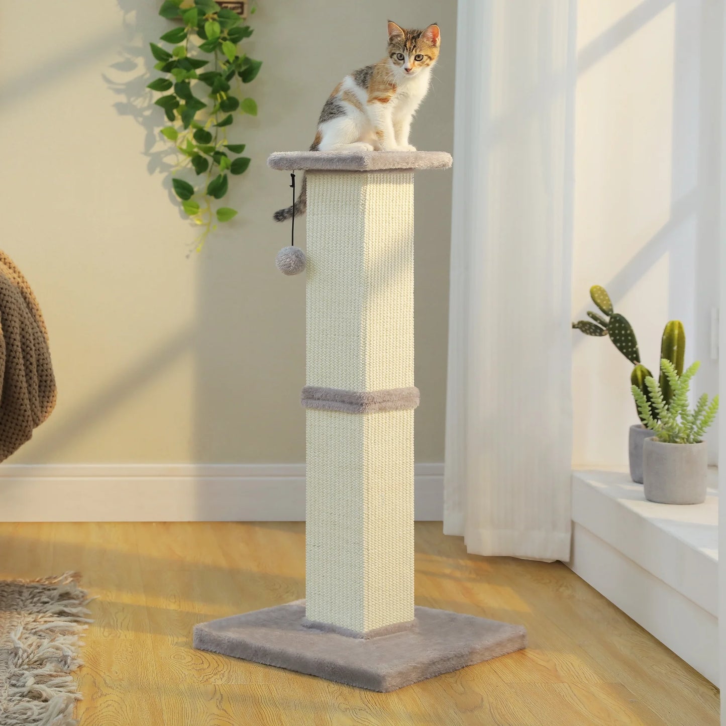 32" Tall Sisal Cat Scratching Post for Indoor Cats - Durable Cat Scratcher with Wide Base, Gray