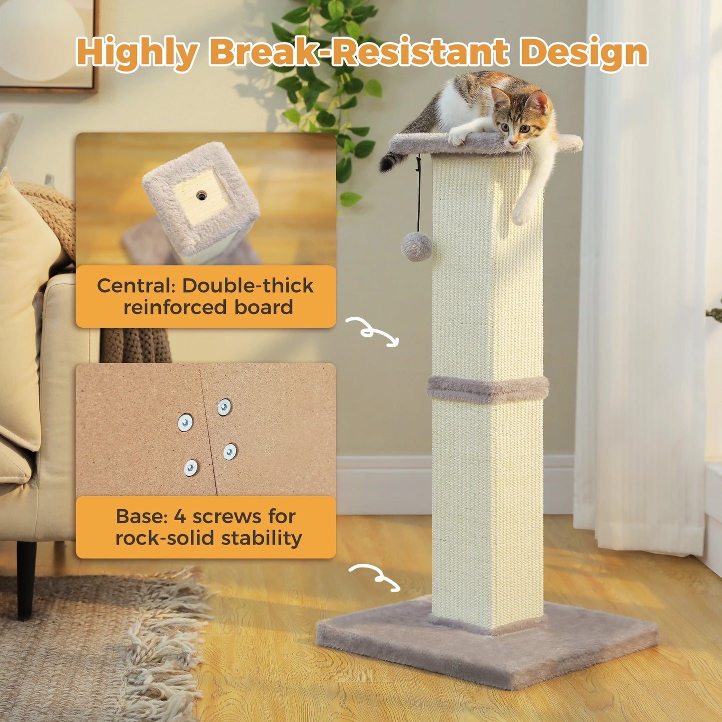 32" Tall Sisal Cat Scratching Post for Indoor Cats - Durable Cat Scratcher with Wide Base, Gray