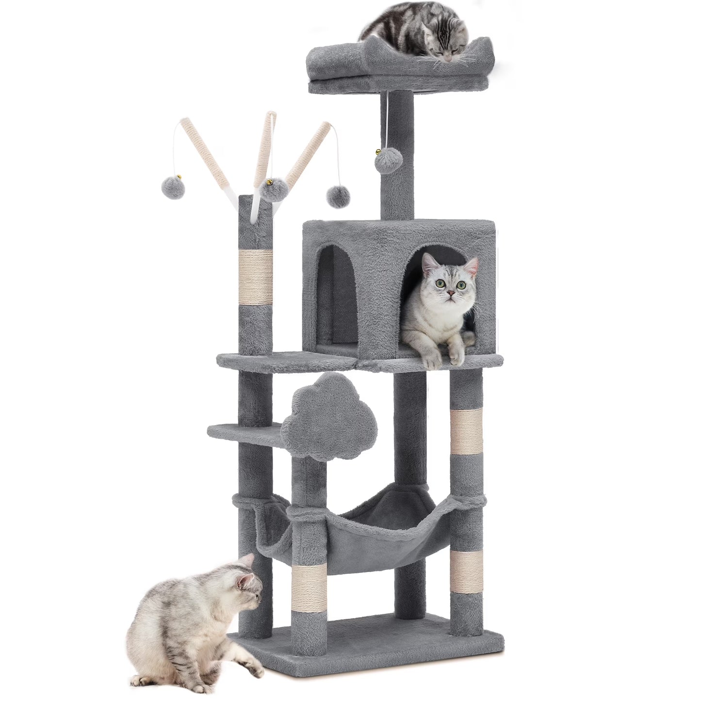 44" Cat Tree Condo with Scratching Posts & Hammock, Indoor Pet Play Center, Light Gray