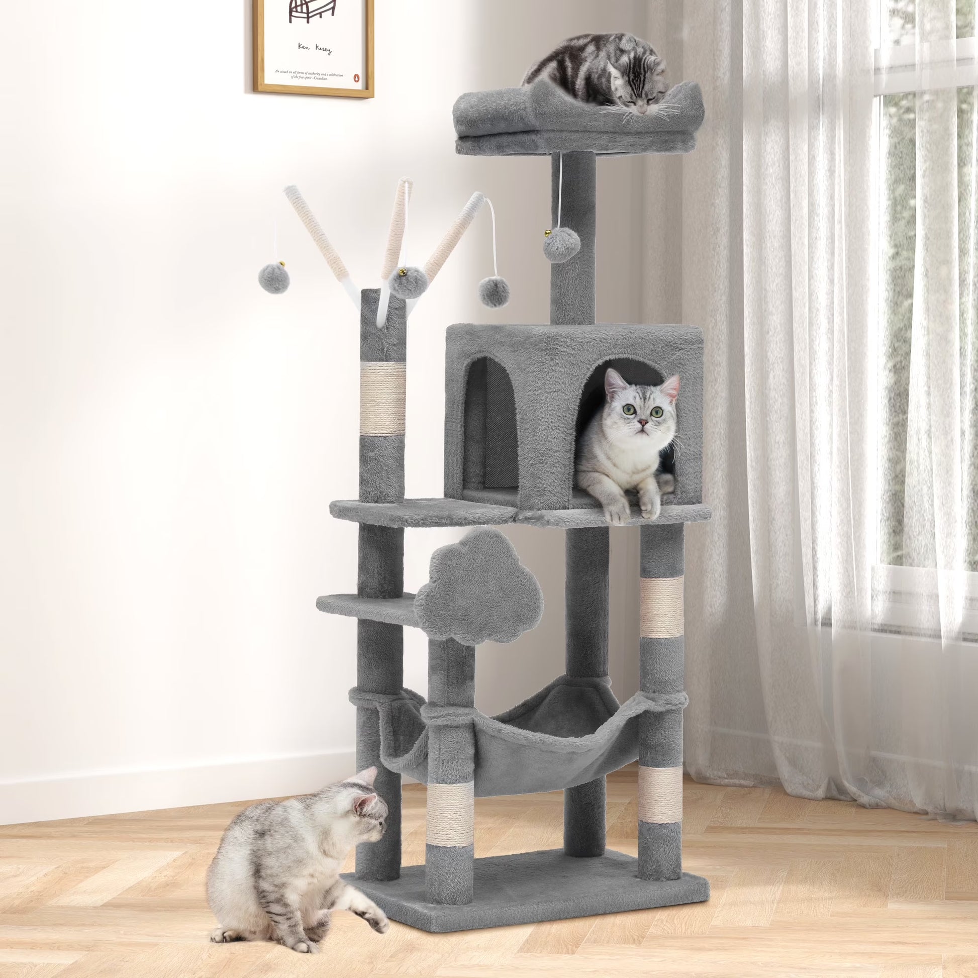 44" Cat Tree Condo with Scratching Posts & Hammock, Indoor Pet Play Center, Light Gray